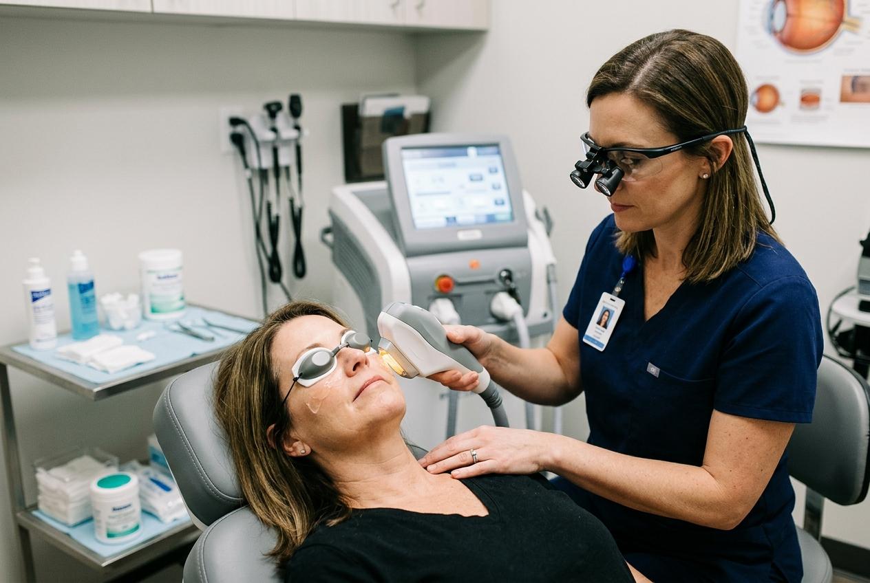 A focused clinician wearing loupes applies a handheld laser device to a reclined woman's face. The patient wears protective eye shields in a clinic treatment room.