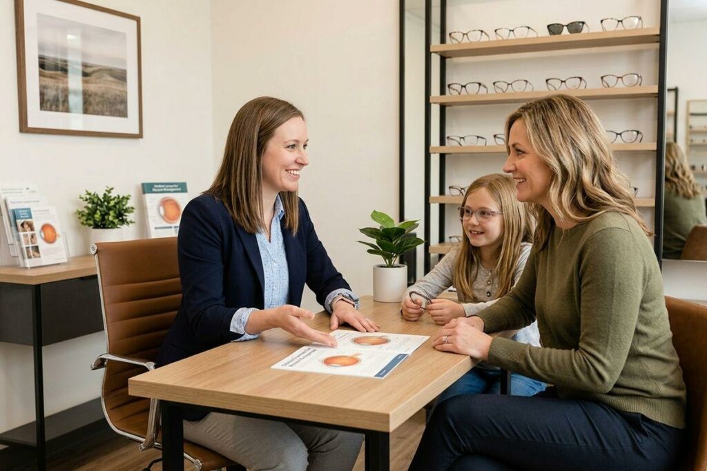 Optometrist smiling and consulting with an adult and child at a table in an optical clinic, eyeglass frames displayed on shelves behind them.