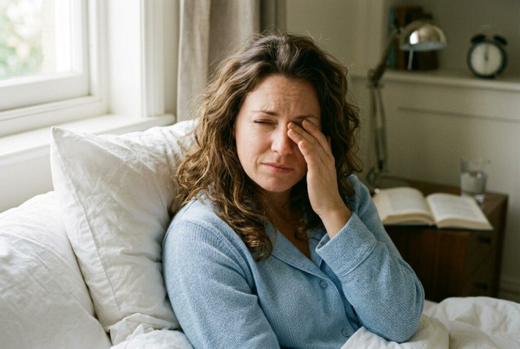 Woman sitting up in bed rubbing her eye with a pained expression, beside a nightstand with a clock and open book.