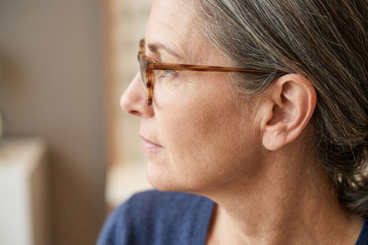 Adult wearing tortoiseshell glasses shown in close profile view, gazing forward with a calm expression.