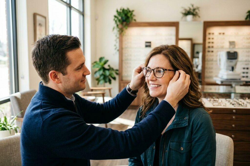 Optician fitting eyeglasses onto a smiling adult in an optical shop with frames displayed in the background.