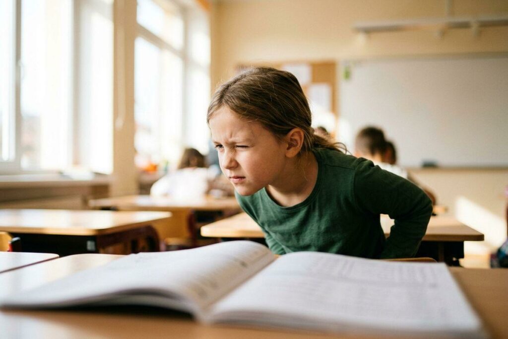 Child in a green shirt leans over a desk in a classroom, squinting with one eye at an open book, other students blurred behind.