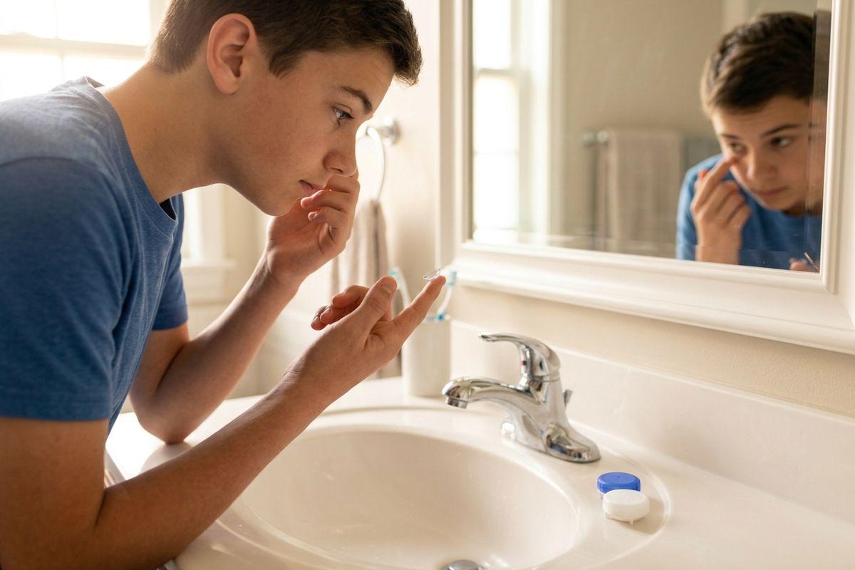 Teen holding a contact lens on a fingertip while leaning toward a bathroom mirror, with a lens case on the sink counter.