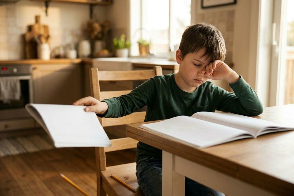Child sitting at a kitchen table with an open book, rubbing one eye while holding another book out to the side.