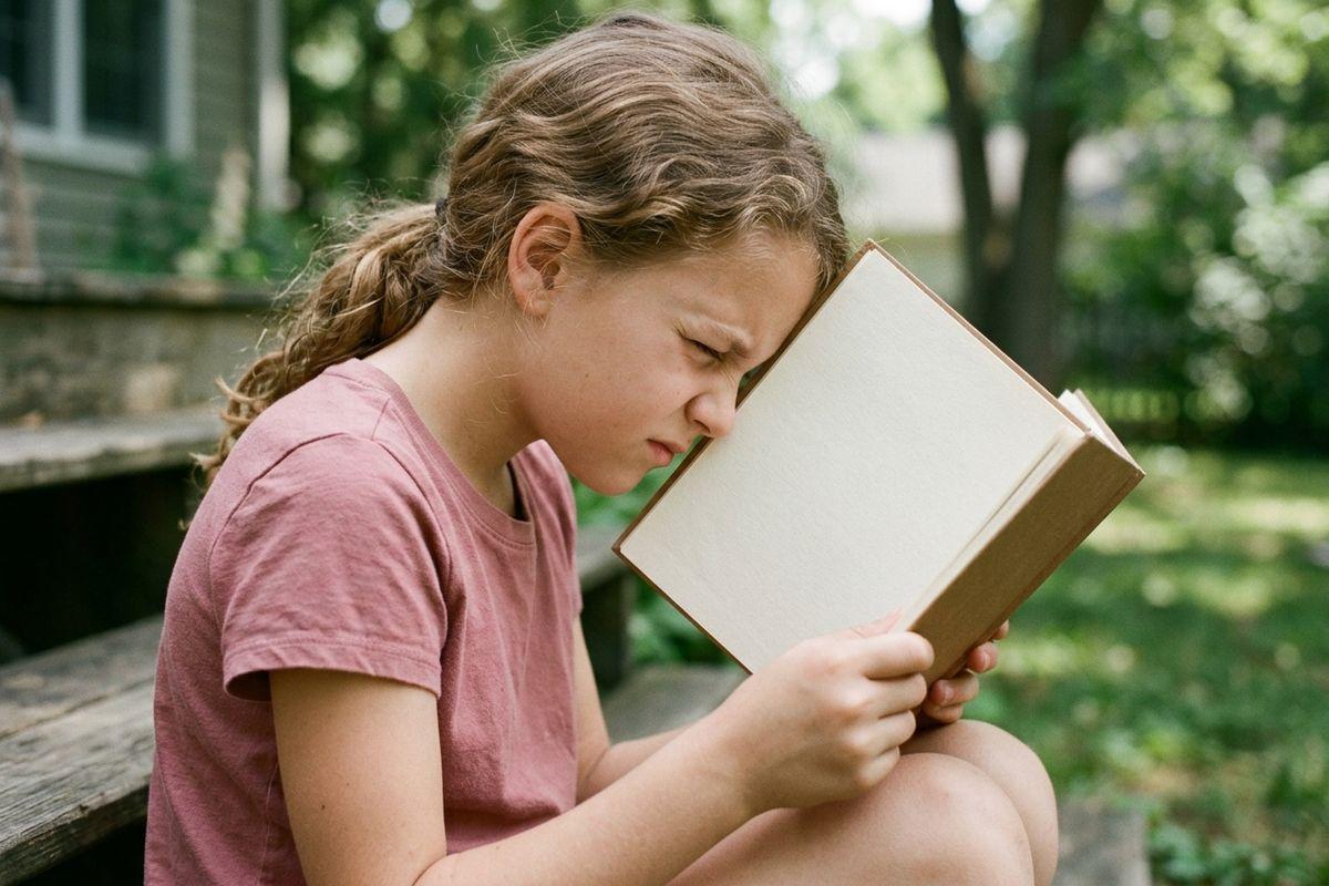 Child sitting outdoors on steps, squinting while holding an open book pressed close to their face.